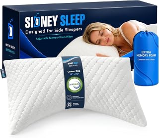 Sidney Sleep Pillow for Side and Back Sleepers - Comfort for Neck and Shoulder Pain - Adjustable and Customizable Shredded Memory Foam Filling - Queen Size - Includes Additional Foam Fill (White)