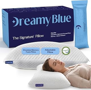 DreamyBlue Premium Pillow for Sleeping - Shredded Memory Foam Fill [Adjustable Loft] Washable Cover from Bamboo Derived Rayon - for Side, Back, Stomach Sleepers - CertiPUR-US Certified