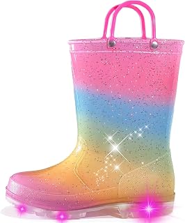 Toddler Rain Boots for Girls Boys, Kids Rain Boots Light Up Glitter Boot Waterproof Shoes with Easy on Handles