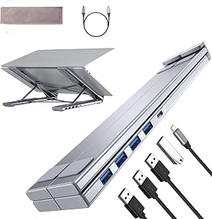 M61 Laptop Stand with Docking Station, 5 in 1 USB C Hub 4 USB 3.0 Ports, 6 Height Adjustments, Aluminum Alloy, Foldable and Portable Laptop Stand with Docking Station Notebook Holder