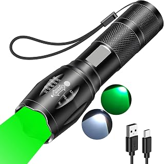 Rechargeable Green Light Flashlight with Green and White LED Combo, 2000 Lumens Super Bright LED Small Powerful Zoomable Flashlight, Rechargeable Flashlights for Camping, Emergency