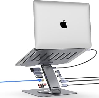 Adjustable Laptop Stand for Desk with Docking Station 11-in-1, Aluminum Laptop Riser with USB Hub 360°Swivel Dual Display 4K60Hz HDMI Gigabit Ethernet USB3.0 PD100W for MacBook Pro Air/Dell/HP 7-15.6