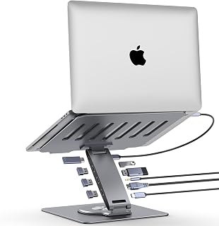 Adjustable Laptop Stand for Desk with Docking Station 9-in-1, Aluminum Laptop Riser with USB Hub, 360° Swivel, Dual Display 4K60Hz HDMI, 3 USB3.0, 100W PD Charging, for MacBook Pro Air/Dell/HP 7-15.6
