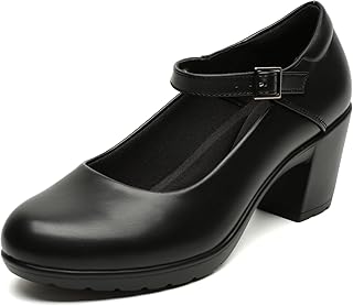 Womens Mary Jane Dress Shoes Chunky Low Block Heels 7CM Closed Toe Work Platform Pumps Dressy Orthopedic for Business Flight Wedding Office Ankle Strap Leather Casual Comfort with Arch Support