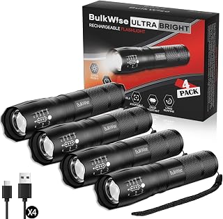 Rechargeable 1 Mode Flashlights High Lumen, Black, 4 Pack