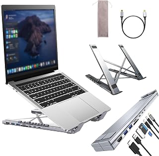 8-in-1 USB-C Laptop Stand, Aluminium Laptop Stand with 8-in-1 USB C Docking Station, Foldable Stand Double Stand with 9 Adjustable Angles with HDMI 4K@30Hz, USB 3.0, 100W PD for Home, Office
