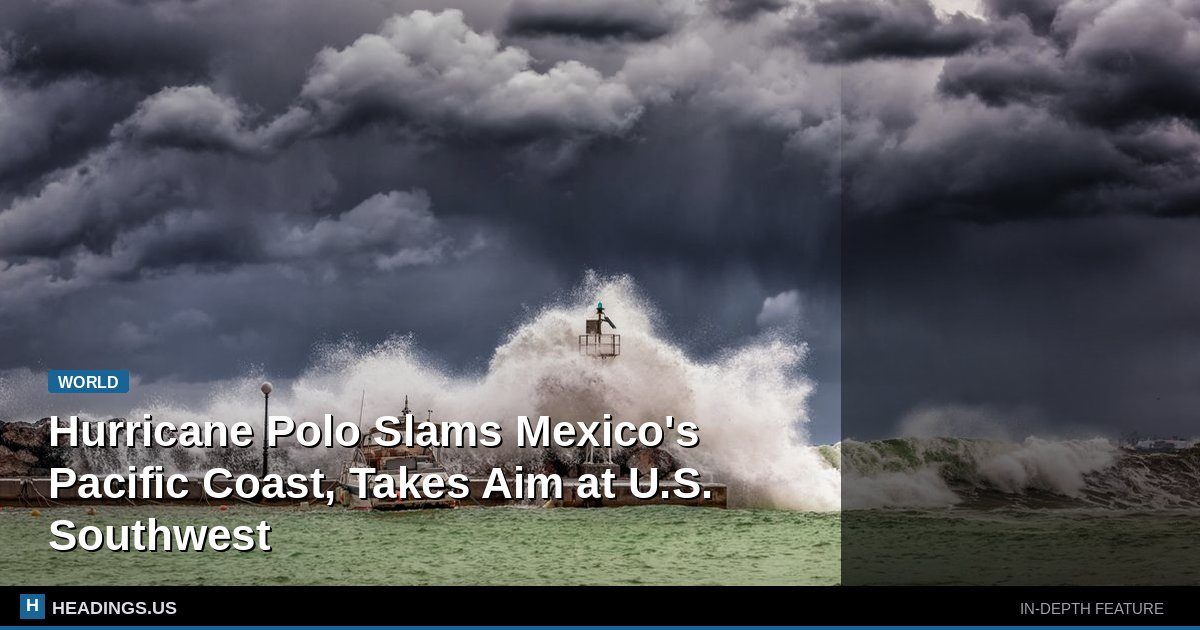 Hurricane Polo churning off Mexico's Pacific coast with storm clouds and surf