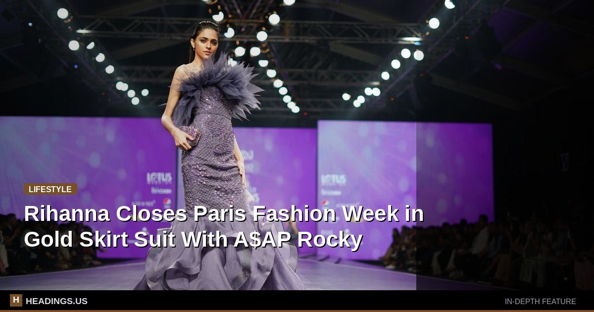 Rihanna wearing a gold skirt suit at Paris Fashion Week in September 2026