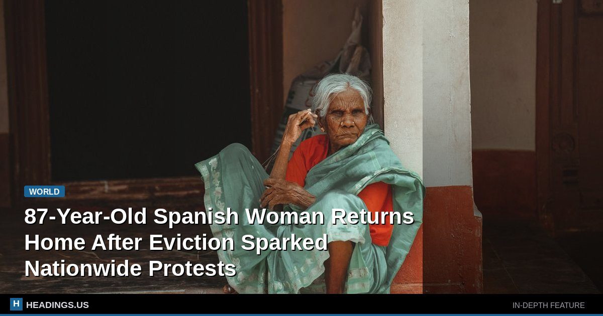 Elderly Spanish woman standing outside her apartment building after being allowed to return home
