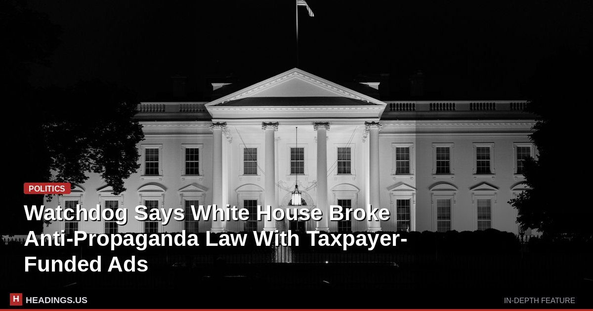 White House exterior with government advertising materials displayed on a screen