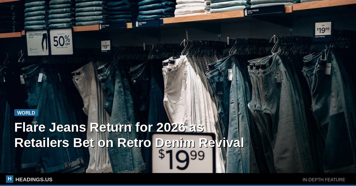 Stack of folded flare jeans in denim blue on a neutral background