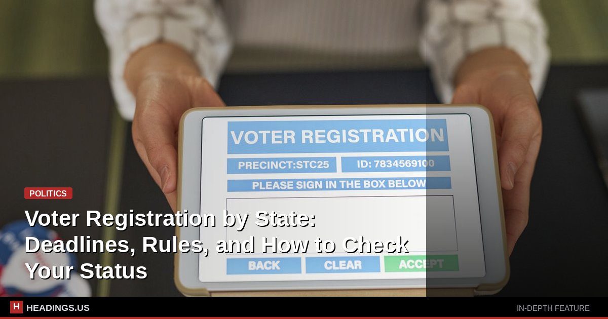 Person filling out a voter registration form at a table with an American flag