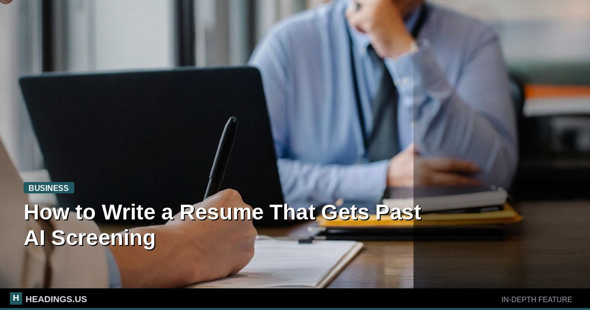 Job applicant reviewing resume on laptop with AI screening software interface