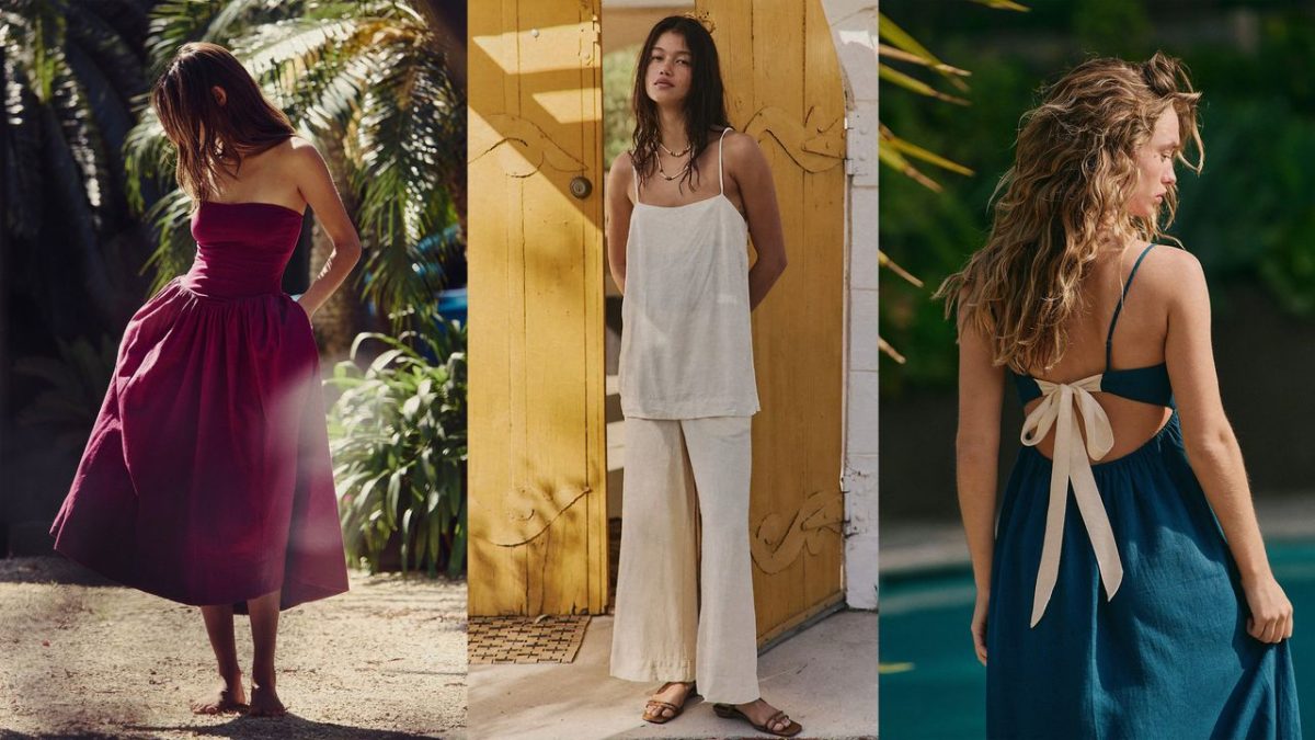 Free People storefront display with sale racks and shopping bags