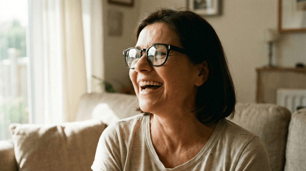 Person wearing Legato AI hearing glasses with open-ear dual-speaker frames