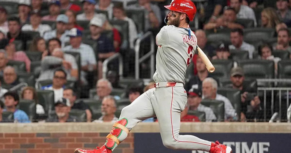 Bryce Harper of the Philadelphia Phillies reacts after a postseason loss at Citizens Bank Park