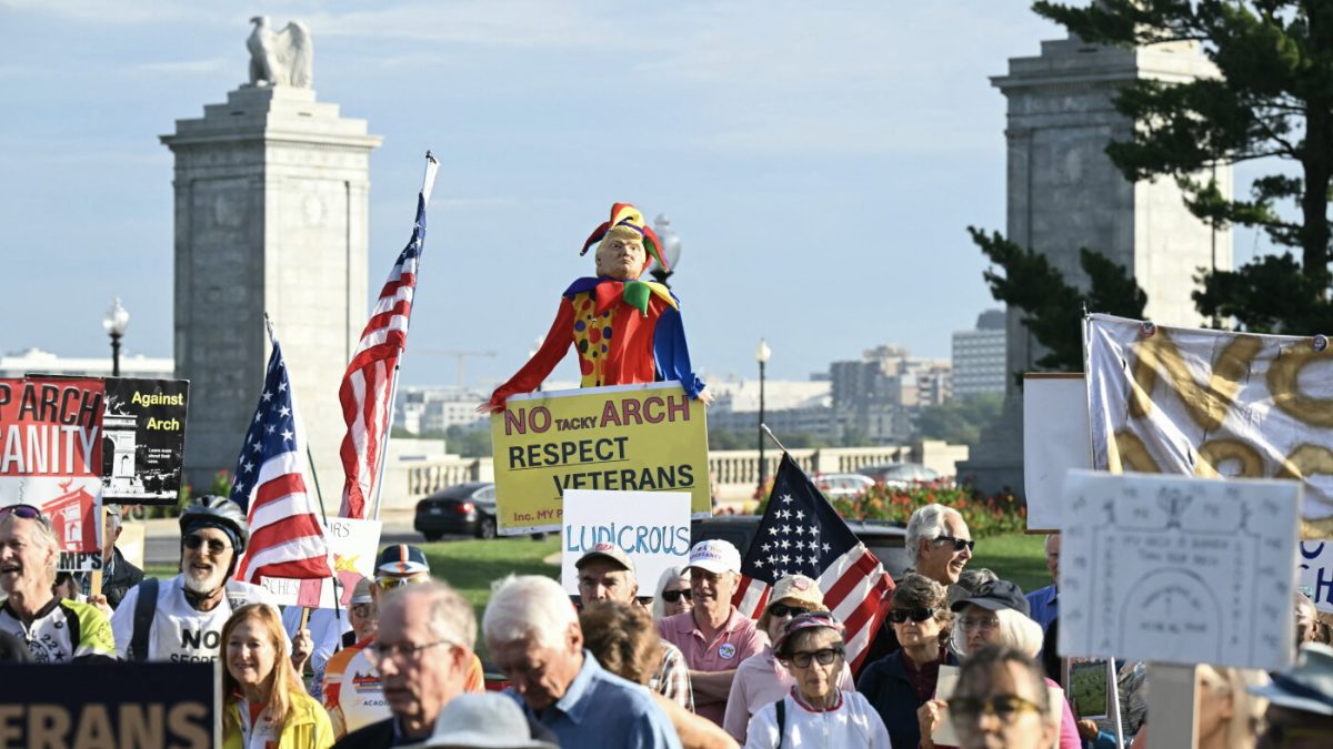 Activists gather at Memorial Circle in Washington, D.C. to protest Trump's proposed 250-foot arch