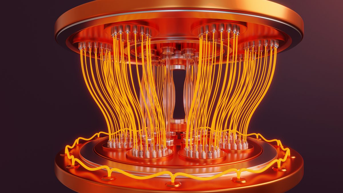 A cryogenic quantum computing chip mounted inside a dilution refrigerator