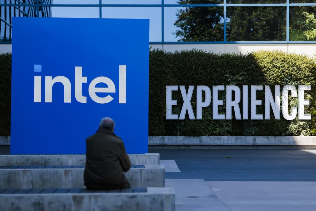 Intel sign outside semiconductor campus as company shares decline on Musk chip partner news