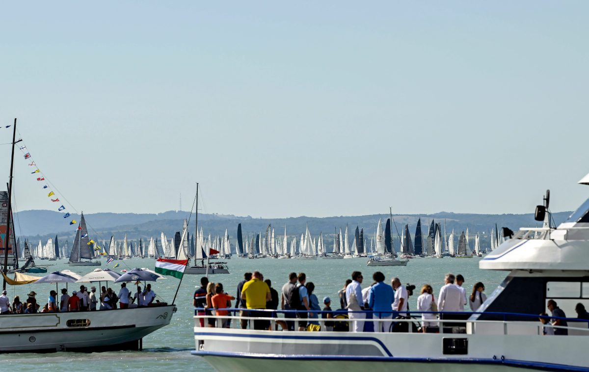Aerial view of Lake Balaton shoreline with Tihany peninsula and luxury waterfront properties