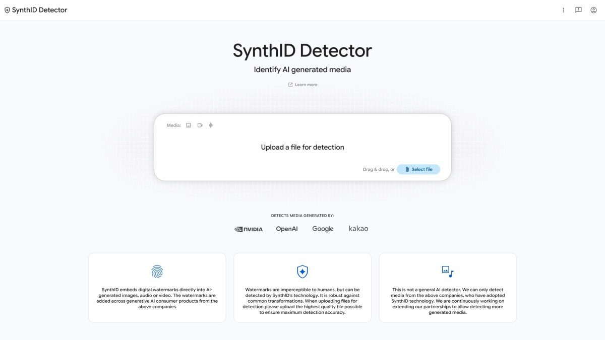Google SynthID detector website interface showing AI content identification tool