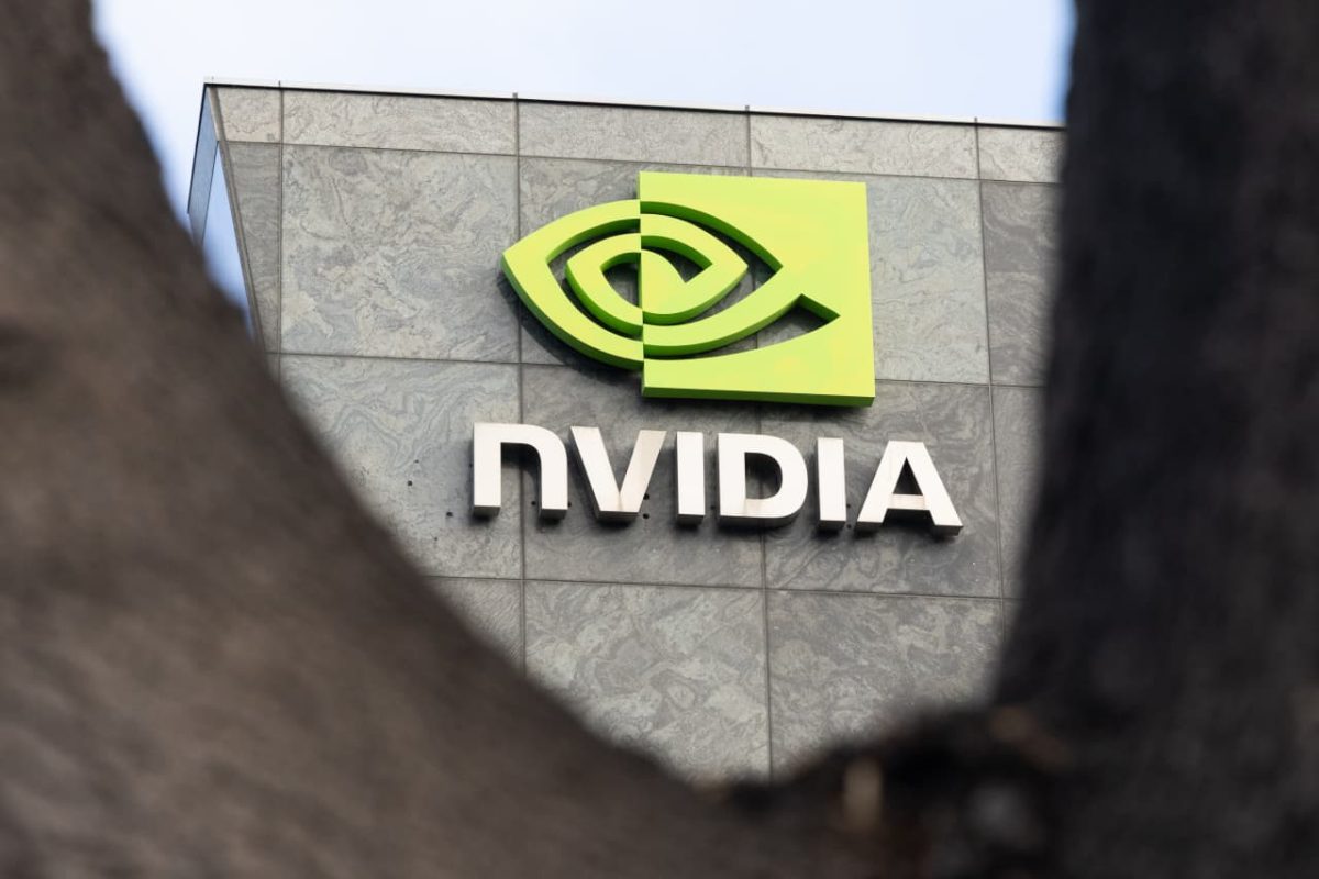 Nvidia logo displayed on a trading screen alongside declining stock charts