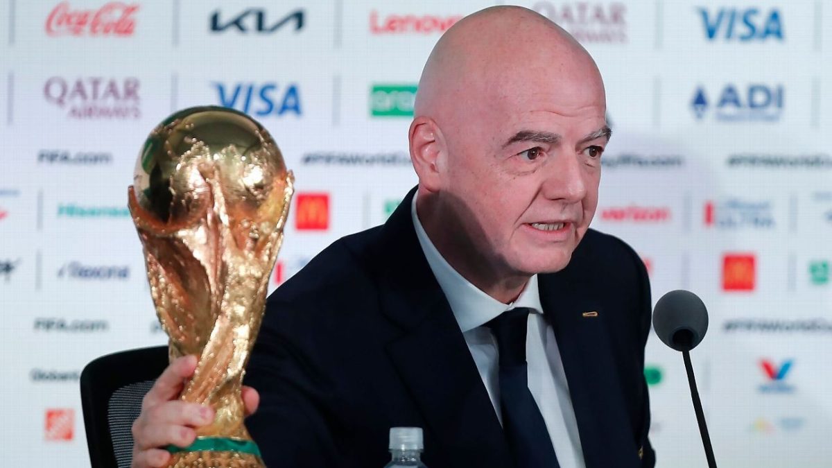 FIFA President Gianni Infantino at a World Cup event speaking to media