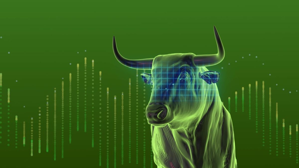 Stock market chart showing a long upward trend line with traders watching