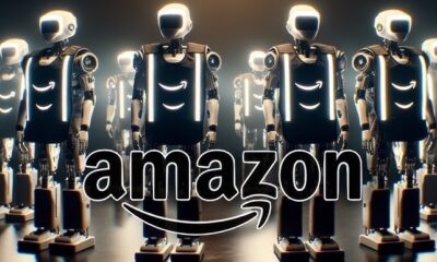 Worried Amazon workers gather outside AWS HQ, checking phones as a screen highlights AI and layoffs.