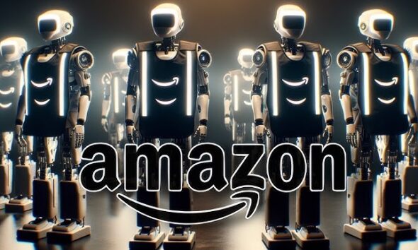 Worried Amazon workers gather outside AWS HQ, checking phones as a screen highlights AI and layoffs.